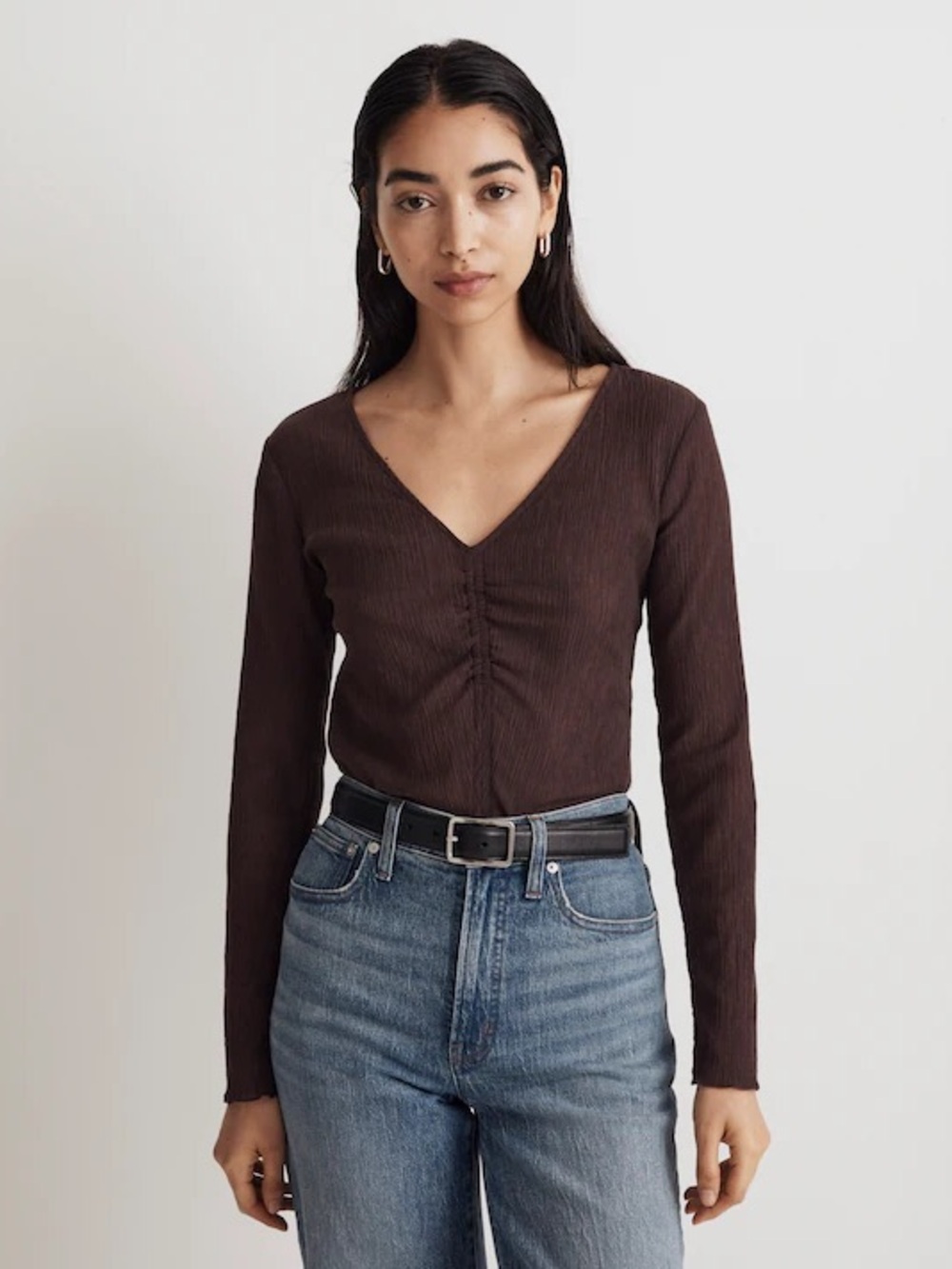 Madewell Auburn Semi Sheer V-Neck Ruched Long Sleeve Top